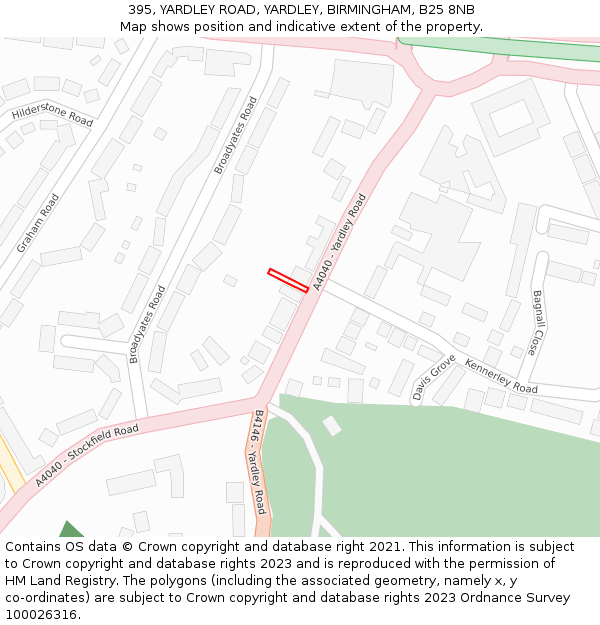 395, YARDLEY ROAD, YARDLEY, BIRMINGHAM, B25 8NB: Location map and indicative extent of plot