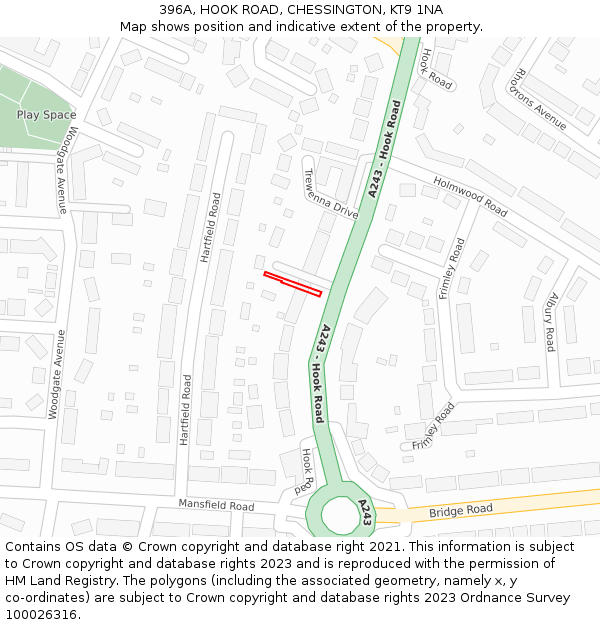 396A, HOOK ROAD, CHESSINGTON, KT9 1NA: Location map and indicative extent of plot