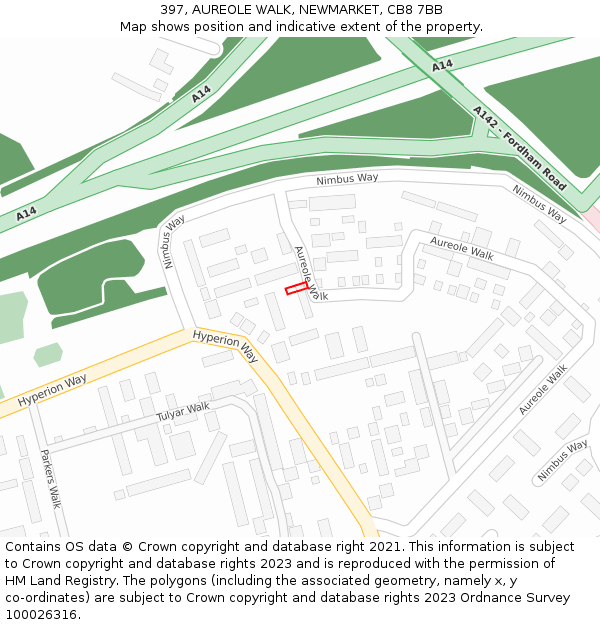 397, AUREOLE WALK, NEWMARKET, CB8 7BB: Location map and indicative extent of plot