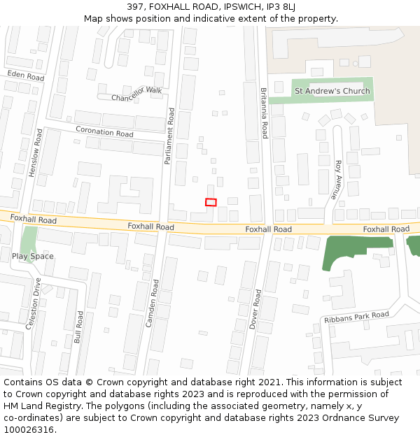 397, FOXHALL ROAD, IPSWICH, IP3 8LJ: Location map and indicative extent of plot