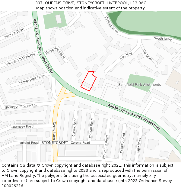 397, QUEENS DRIVE, STONEYCROFT, LIVERPOOL, L13 0AG: Location map and indicative extent of plot