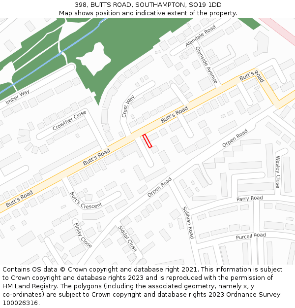 398, BUTTS ROAD, SOUTHAMPTON, SO19 1DD: Location map and indicative extent of plot
