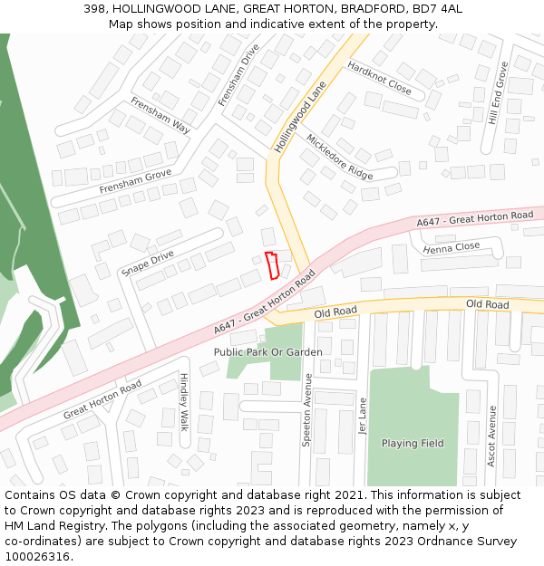 398, HOLLINGWOOD LANE, GREAT HORTON, BRADFORD, BD7 4AL: Location map and indicative extent of plot