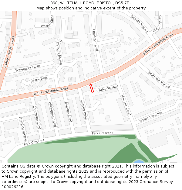 398, WHITEHALL ROAD, BRISTOL, BS5 7BU: Location map and indicative extent of plot