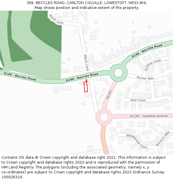 399, BECCLES ROAD, CARLTON COLVILLE, LOWESTOFT, NR33 8HL: Location map and indicative extent of plot