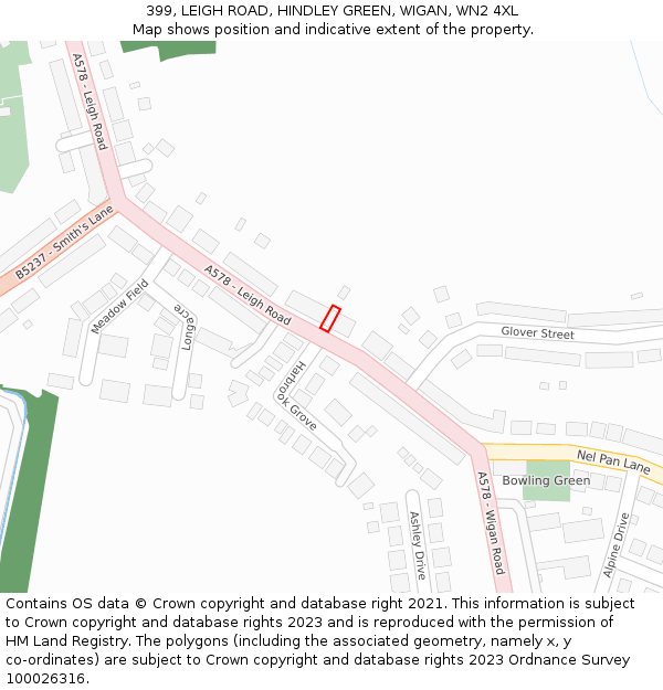 399, LEIGH ROAD, HINDLEY GREEN, WIGAN, WN2 4XL: Location map and indicative extent of plot
