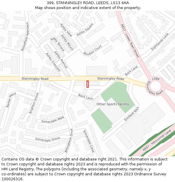 399, STANNINGLEY ROAD, LEEDS, LS13 4AA: Location map and indicative extent of plot