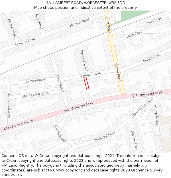 3A, LAMBERT ROAD, WORCESTER, WR2 5DD: Location map and indicative extent of plot