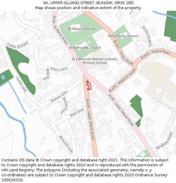 3A, UPPER OLLAND STREET, BUNGAY, NR35 1BD: Location map and indicative extent of plot