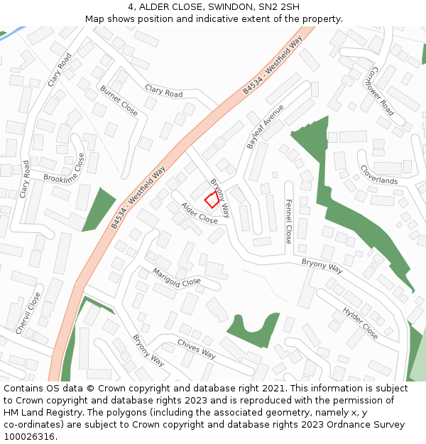 4, ALDER CLOSE, SWINDON, SN2 2SH: Location map and indicative extent of plot