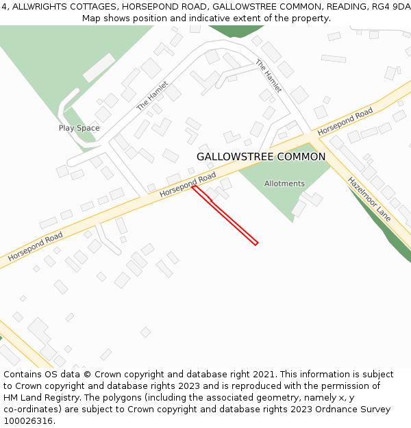 4, ALLWRIGHTS COTTAGES, HORSEPOND ROAD, GALLOWSTREE COMMON, READING, RG4 9DA: Location map and indicative extent of plot