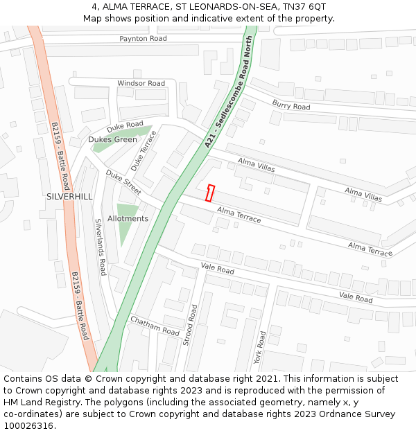4, ALMA TERRACE, ST LEONARDS-ON-SEA, TN37 6QT: Location map and indicative extent of plot