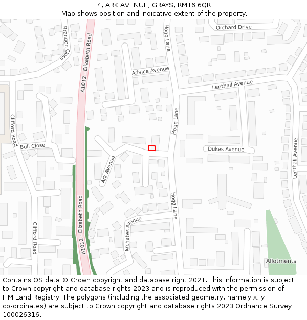 4, ARK AVENUE, GRAYS, RM16 6QR: Location map and indicative extent of plot
