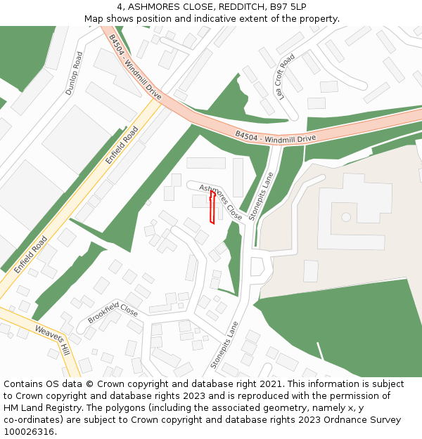 4, ASHMORES CLOSE, REDDITCH, B97 5LP: Location map and indicative extent of plot