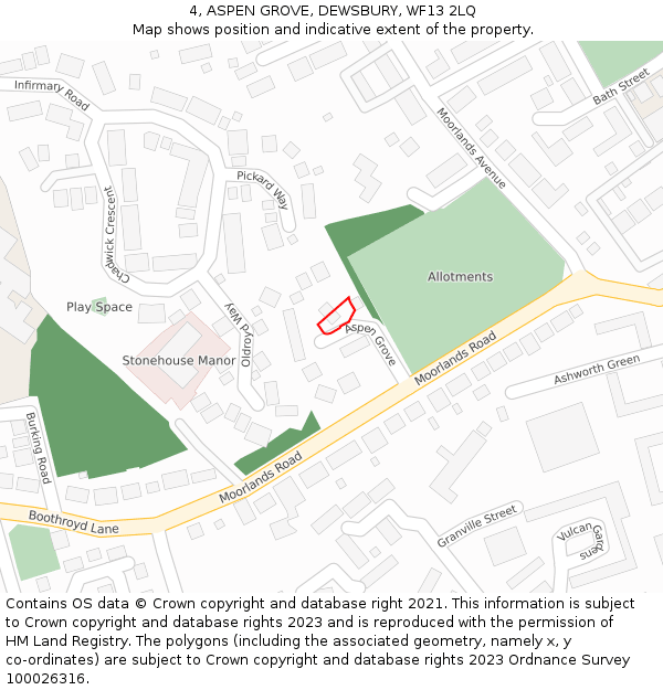 4, ASPEN GROVE, DEWSBURY, WF13 2LQ: Location map and indicative extent of plot