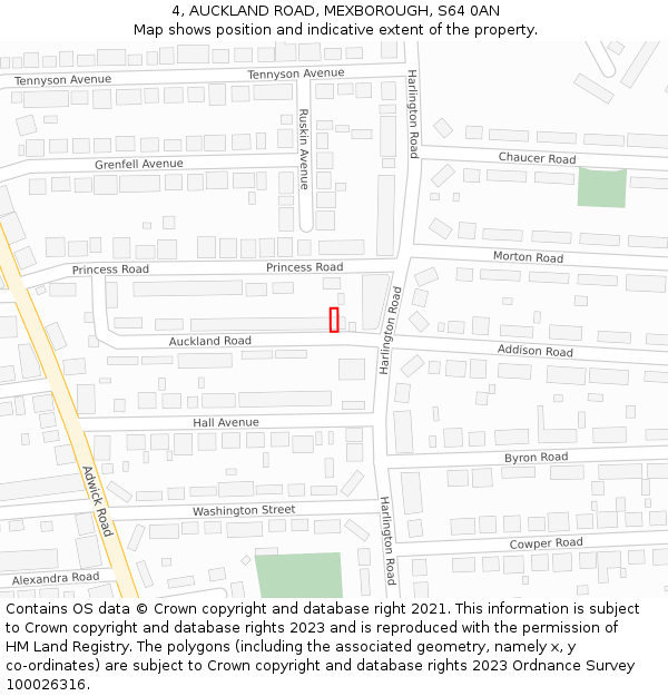 4, AUCKLAND ROAD, MEXBOROUGH, S64 0AN: Location map and indicative extent of plot