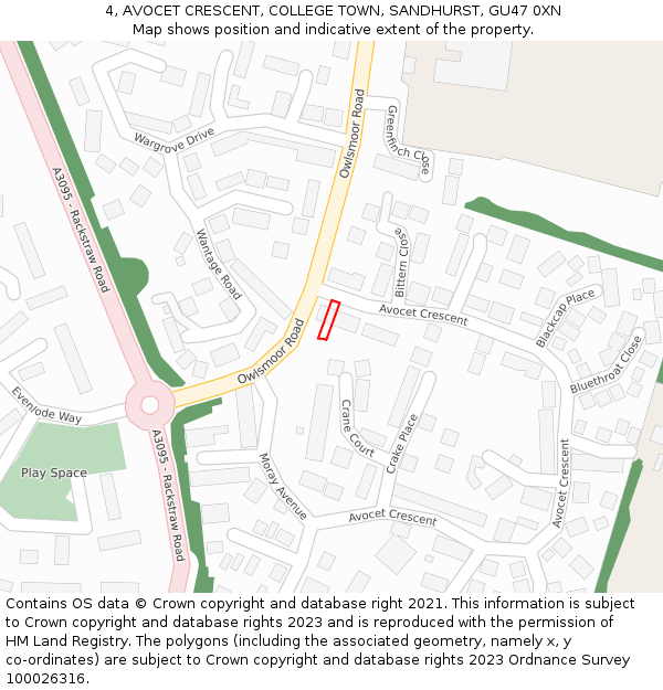 4, AVOCET CRESCENT, COLLEGE TOWN, SANDHURST, GU47 0XN: Location map and indicative extent of plot