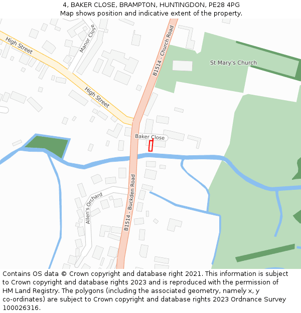 4, BAKER CLOSE, BRAMPTON, HUNTINGDON, PE28 4PG: Location map and indicative extent of plot