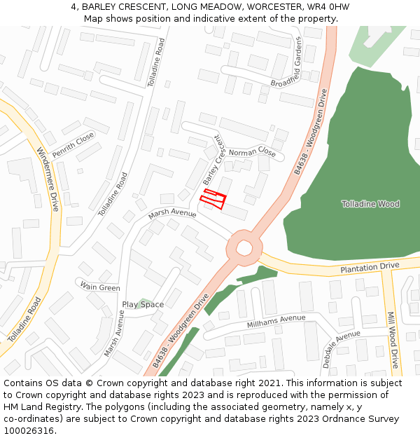 4, BARLEY CRESCENT, LONG MEADOW, WORCESTER, WR4 0HW: Location map and indicative extent of plot