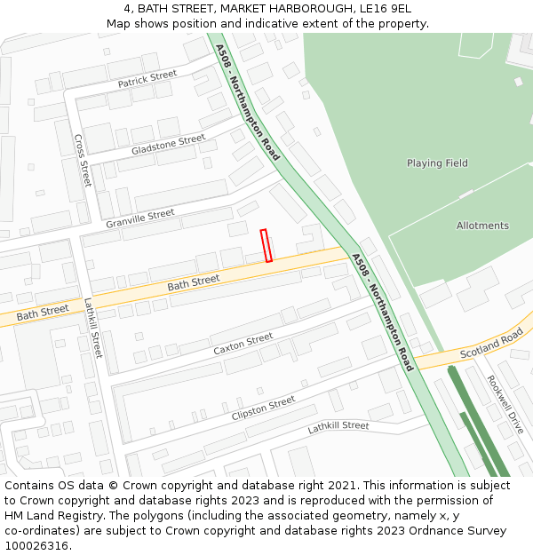 4, BATH STREET, MARKET HARBOROUGH, LE16 9EL: Location map and indicative extent of plot