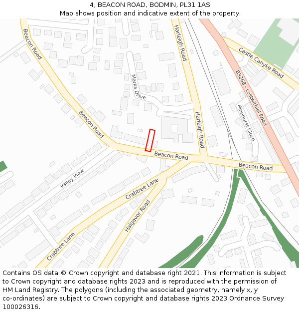 4, BEACON ROAD, BODMIN, PL31 1AS: Location map and indicative extent of plot