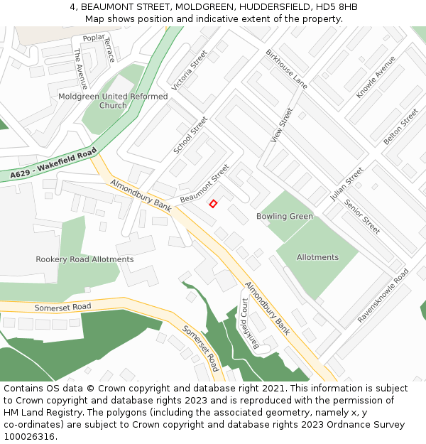 4, BEAUMONT STREET, MOLDGREEN, HUDDERSFIELD, HD5 8HB: Location map and indicative extent of plot
