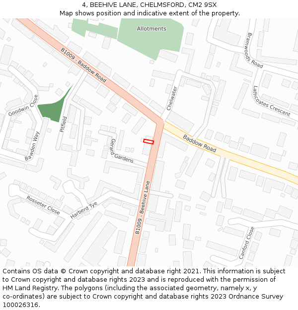 4, BEEHIVE LANE, CHELMSFORD, CM2 9SX: Location map and indicative extent of plot