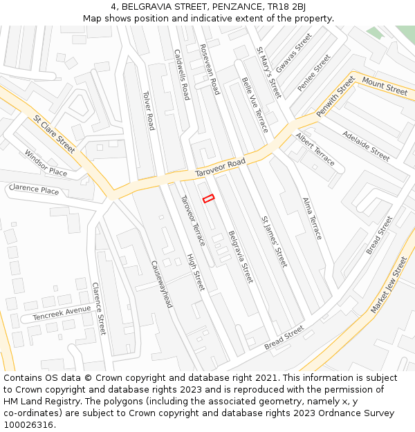 4, BELGRAVIA STREET, PENZANCE, TR18 2BJ: Location map and indicative extent of plot