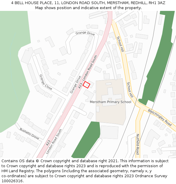4 BELL HOUSE PLACE, 11, LONDON ROAD SOUTH, MERSTHAM, REDHILL, RH1 3AZ: Location map and indicative extent of plot
