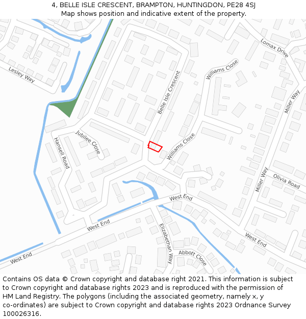 4, BELLE ISLE CRESCENT, BRAMPTON, HUNTINGDON, PE28 4SJ: Location map and indicative extent of plot