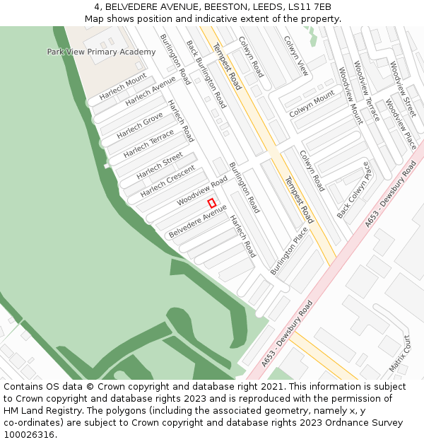 4, BELVEDERE AVENUE, BEESTON, LEEDS, LS11 7EB: Location map and indicative extent of plot