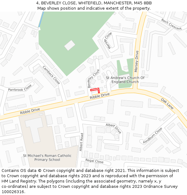 4, BEVERLEY CLOSE, WHITEFIELD, MANCHESTER, M45 8BB: Location map and indicative extent of plot