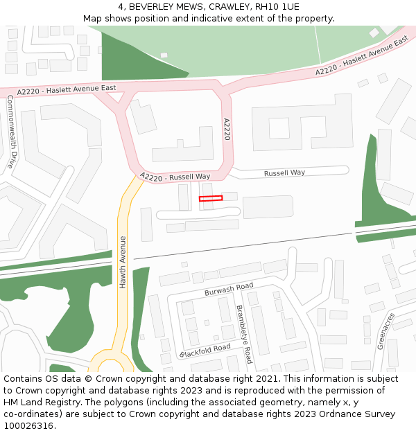 4, BEVERLEY MEWS, CRAWLEY, RH10 1UE: Location map and indicative extent of plot