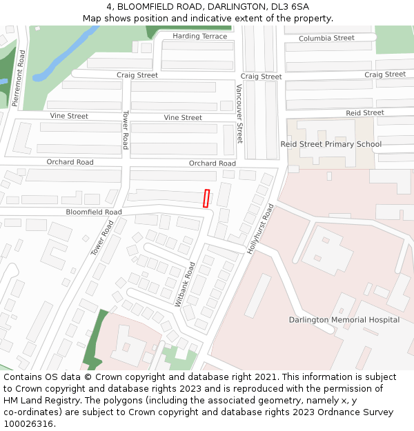 4, BLOOMFIELD ROAD, DARLINGTON, DL3 6SA: Location map and indicative extent of plot