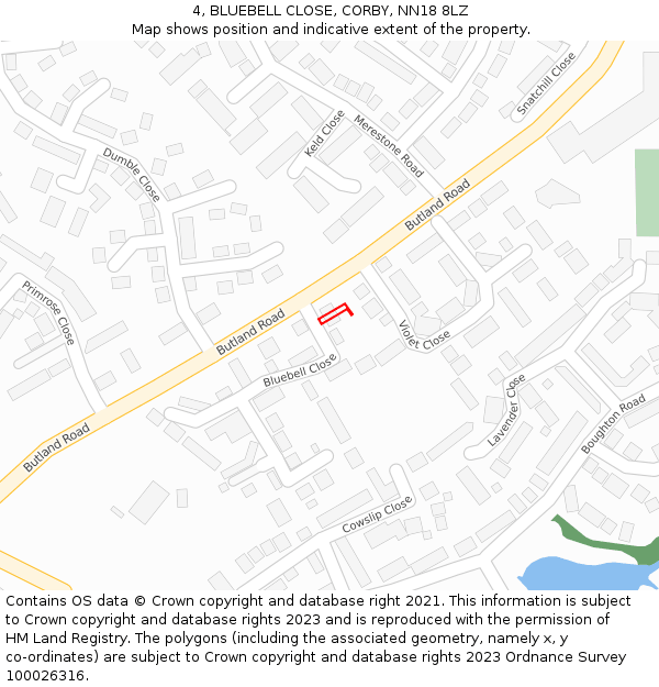 4, BLUEBELL CLOSE, CORBY, NN18 8LZ: Location map and indicative extent of plot