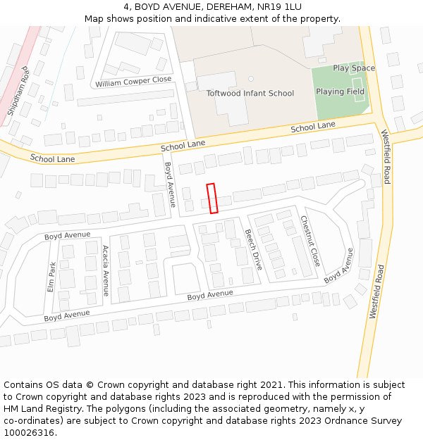 4, BOYD AVENUE, DEREHAM, NR19 1LU: Location map and indicative extent of plot