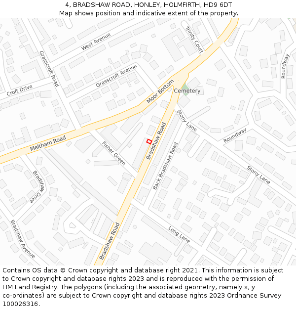 4, BRADSHAW ROAD, HONLEY, HOLMFIRTH, HD9 6DT: Location map and indicative extent of plot