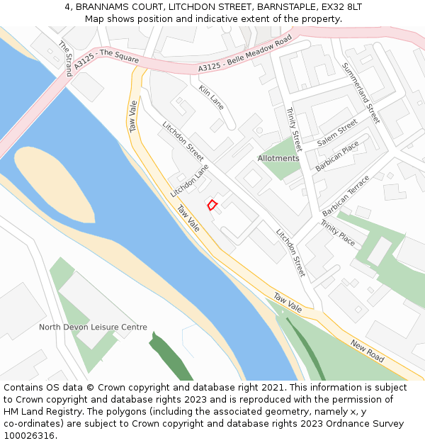 4, BRANNAMS COURT, LITCHDON STREET, BARNSTAPLE, EX32 8LT: Location map and indicative extent of plot