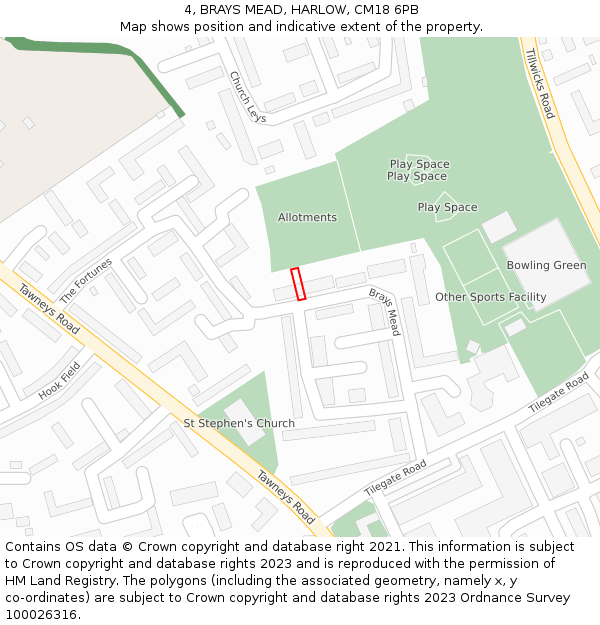 4, BRAYS MEAD, HARLOW, CM18 6PB: Location map and indicative extent of plot