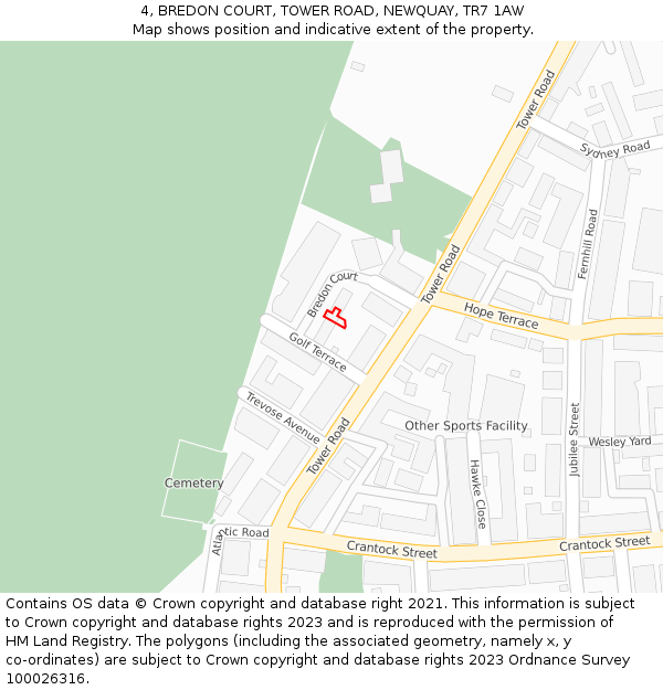 4, BREDON COURT, TOWER ROAD, NEWQUAY, TR7 1AW: Location map and indicative extent of plot
