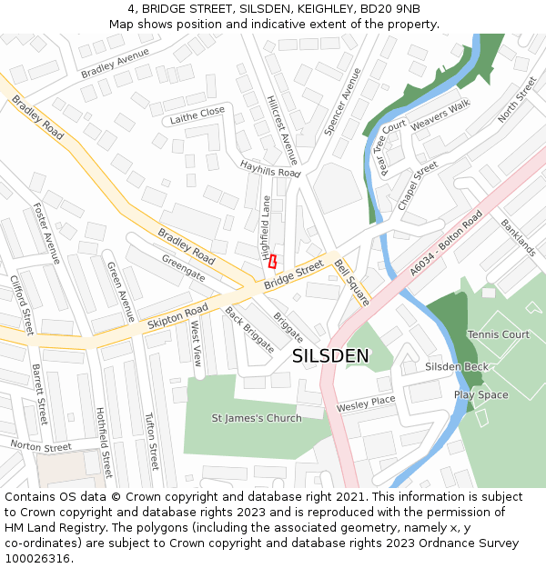 4, BRIDGE STREET, SILSDEN, KEIGHLEY, BD20 9NB: Location map and indicative extent of plot