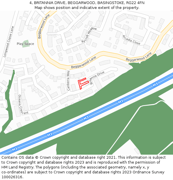 4, BRITANNIA DRIVE, BEGGARWOOD, BASINGSTOKE, RG22 4FN: Location map and indicative extent of plot