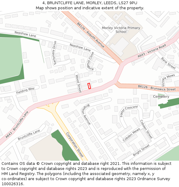 4, BRUNTCLIFFE LANE, MORLEY, LEEDS, LS27 9PU: Location map and indicative extent of plot