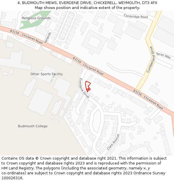 4, BUDMOUTH MEWS, EVERDENE DRIVE, CHICKERELL, WEYMOUTH, DT3 4FX: Location map and indicative extent of plot