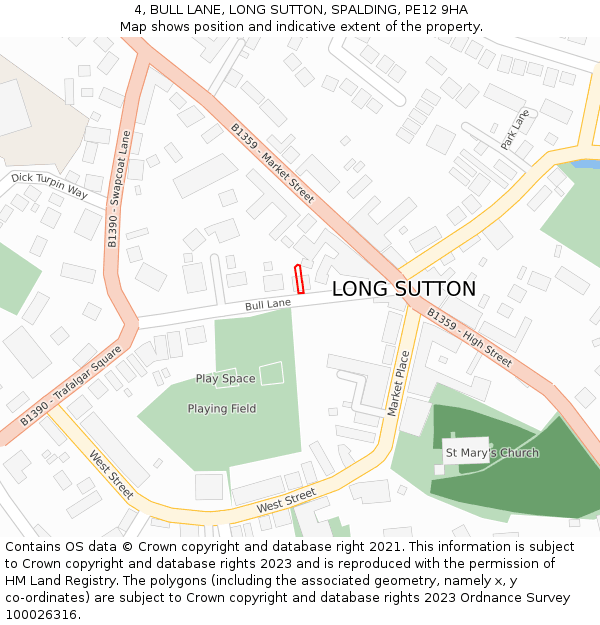 4, BULL LANE, LONG SUTTON, SPALDING, PE12 9HA: Location map and indicative extent of plot
