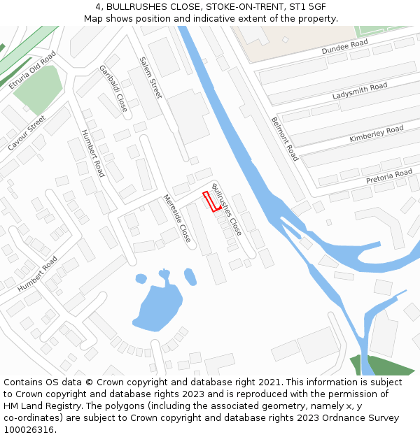 4, BULLRUSHES CLOSE, STOKE-ON-TRENT, ST1 5GF: Location map and indicative extent of plot