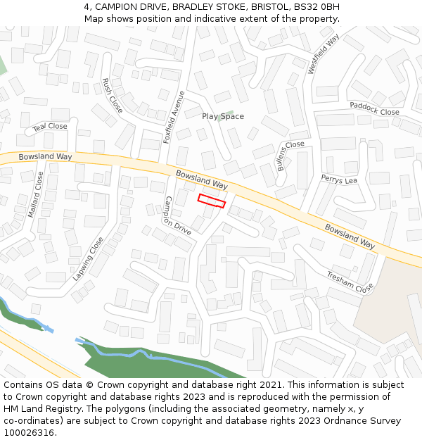 4, CAMPION DRIVE, BRADLEY STOKE, BRISTOL, BS32 0BH: Location map and indicative extent of plot