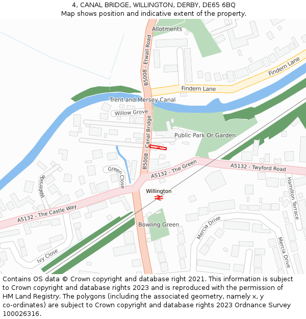 4, CANAL BRIDGE, WILLINGTON, DERBY, DE65 6BQ: Location map and indicative extent of plot