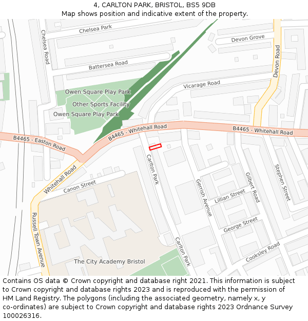 4, CARLTON PARK, BRISTOL, BS5 9DB: Location map and indicative extent of plot