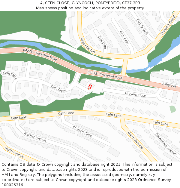 4, CEFN CLOSE, GLYNCOCH, PONTYPRIDD, CF37 3PR: Location map and indicative extent of plot